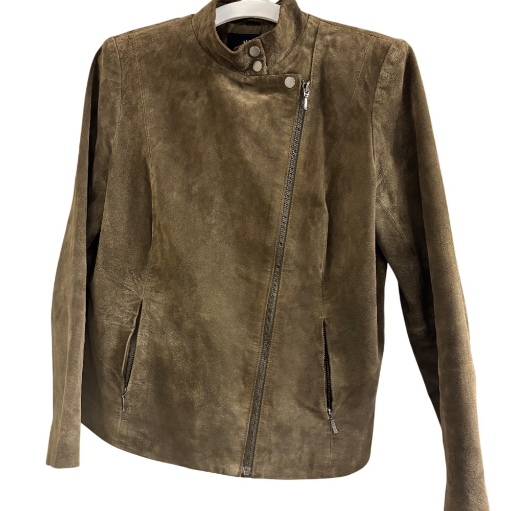 Alfani Petite Suede Leather Moto Jacket Brown Asymmetrical Zip Women S M